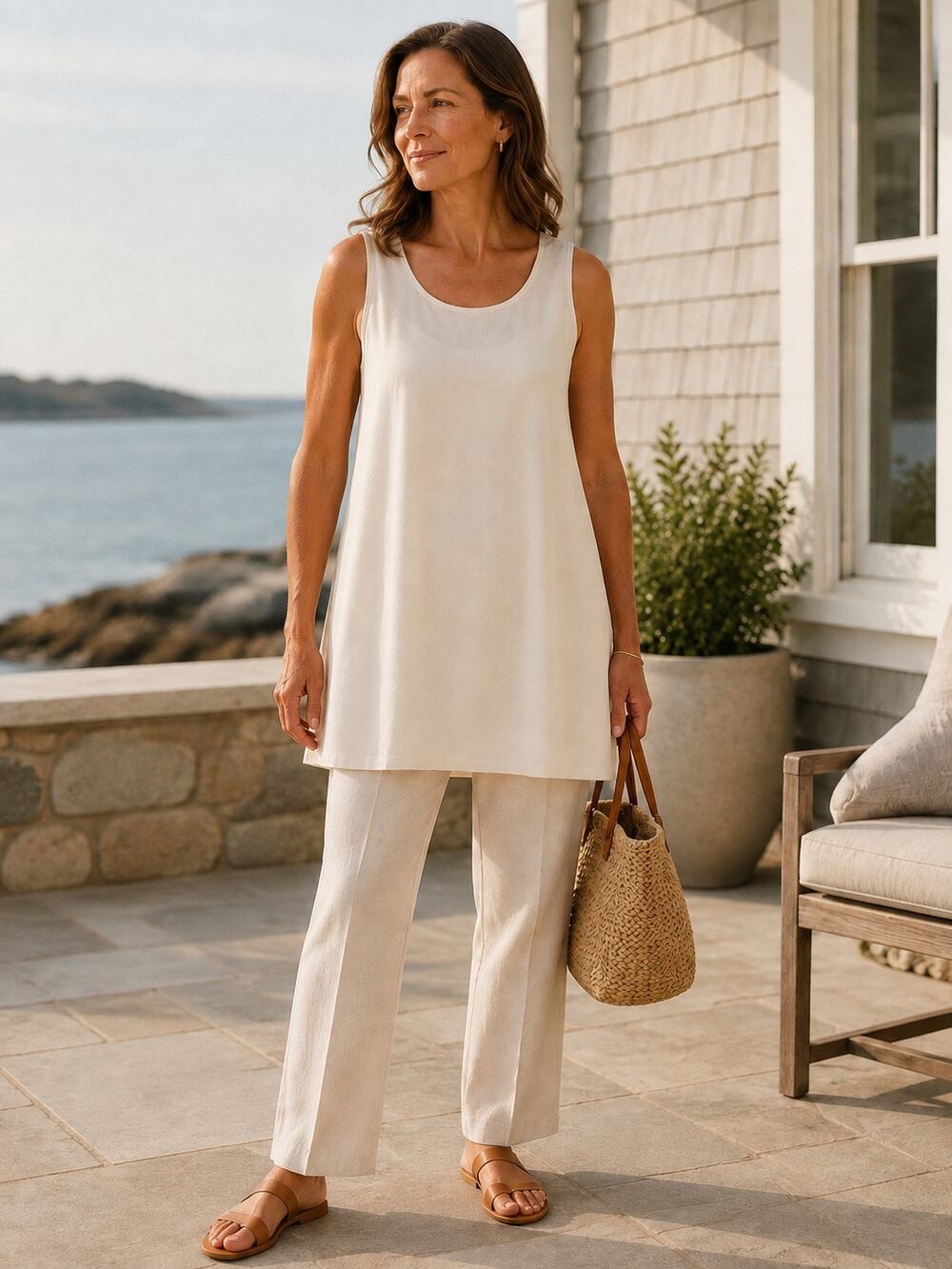 Quiet Luxury Minimalist Eileen Fisher 100% Silk Ivory Long Tunic Coastal Chic M
